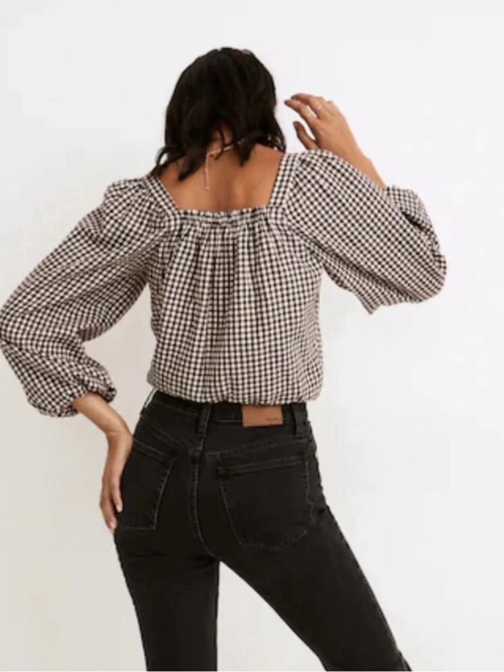 Madewell Brown and White Gingham Square-Neck Blouse
